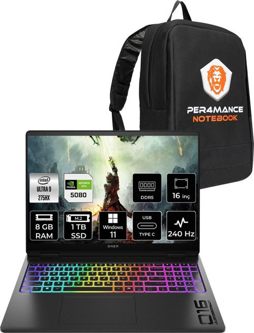 Omen Max 16 Ultra 9 275Hx 8Gb 1Tb Ssd Rtx5080/16Gb 16'' 240Hz Wqxga W11P Gaming Laptop & Çanta