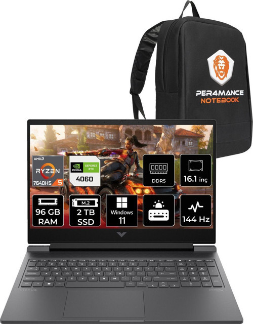 Victus 16 R5 7640Hs 96Gb Ram 2Tb Ssd Rtx4060/8Gb 144Hz 16.1'' Fhd W11P Gaming Laptop & Per4 Çanta