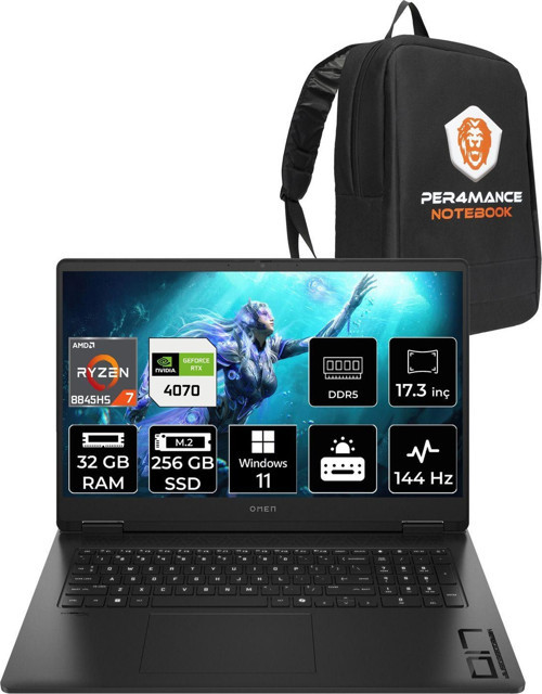 Omen 17 R7 8845Hs 32Gb Ram 256Gb Ssd Rtx4070/8Gb 144Hz 17.3'' Fhd W11P Gaming Laptop & Per4 Çanta