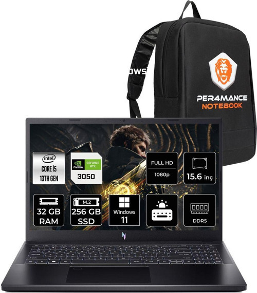 Nitro V15 İ5-13420H 32Gb 256Gb Ssd Rtx3050/6Gb 15.6'' 144Hz Fhd W11P Gaming Laptop & Per4 Çanta