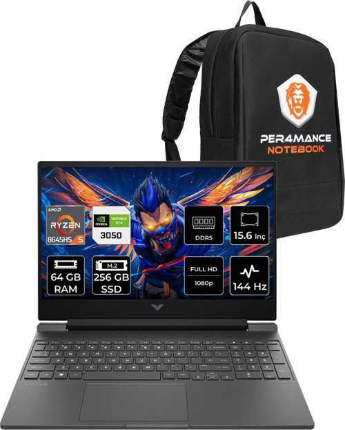 Victus 15 R5 8645Hs 64Gb Ram 256Gb Ssd Rtx3050/6Gb 144Hz 15.6'' Fhd Fdos Gaming Laptop & Çanta