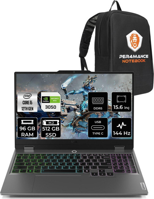 Loq İ5 12600Hx 96Gb 512Gb Ssd Rtx3050/6Gb 15.6" Fhd 144Hz Fdos Gaming Laptop & Per4 Çanta