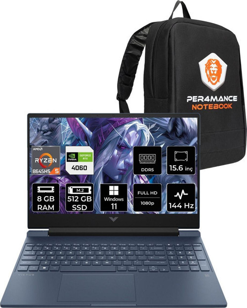 Victus 15 R5 8645Hs 8Gb Ram 512Gb Ssd Rtx4060/8Gb 144Hz 15.6'' Fhd W11P Gaming Laptop & Çanta
