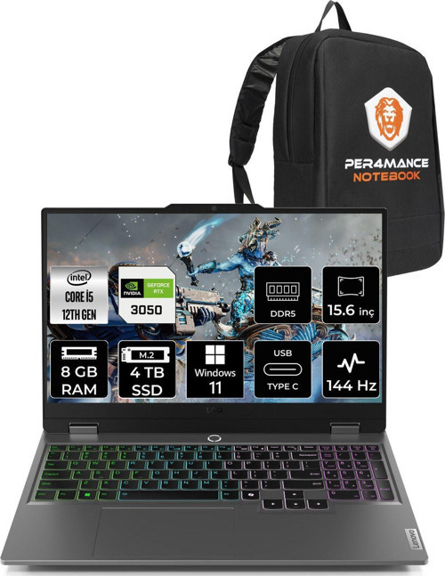 Loq İ5 12600Hx 8Gb 4Tb Ssd Rtx3050/6Gb 15.6" Fhd 144Hz W11H Gaming Laptop & Per4 Çanta