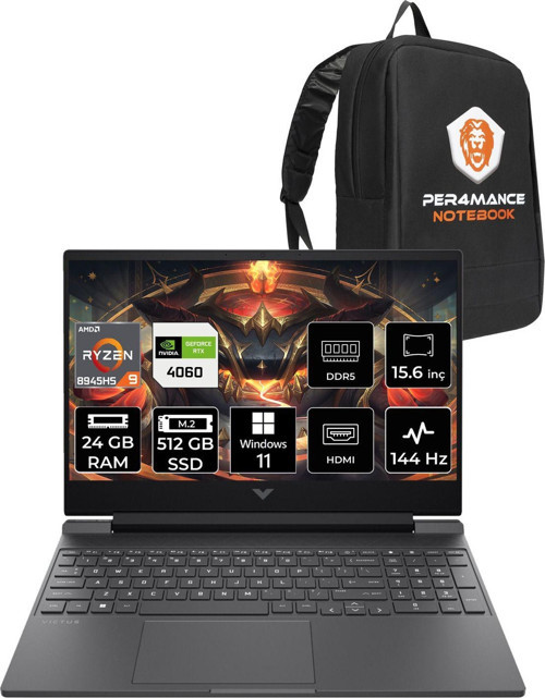 Victus 15 R9 8945Hs 24Gb Ram 512Gb Ssd Rtx4060/8Gb 144Hz 15.6'' Fhd W11H Gaming Laptop & Per4 Çan