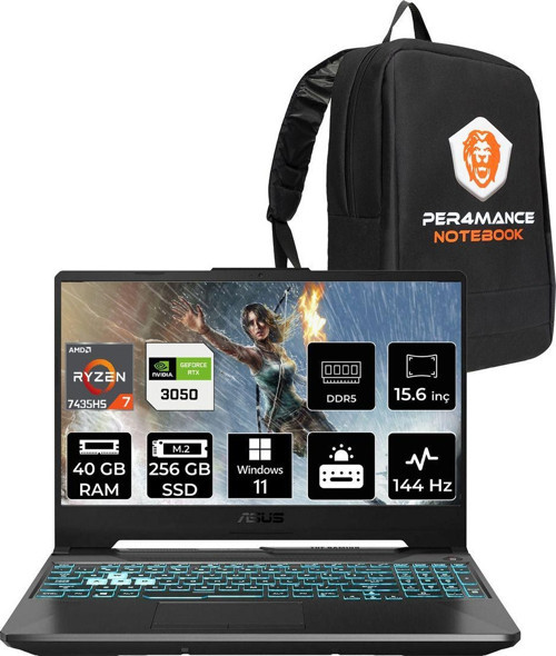 Tuf Gaming A15 R7 7435Hs 40Gb 256Gb Ssd Rtx3050/4Gb 75W 144Hz 15.6" Fhd W11H Fa506Ncr & Per4 Ça