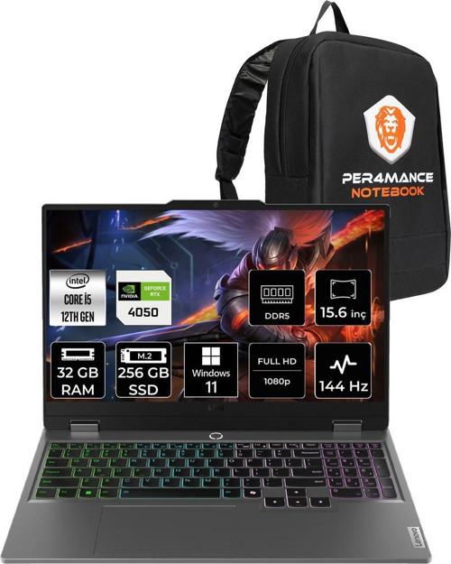 Loq İ5 12600Hx 32Gb 256Gb Ssd Rtx4050/6Gb 105W 144Hz 15.6" W11P Gaming Laptop & Per4 Çanta