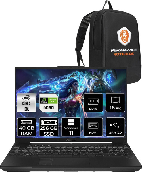 Tuf Gaming F16 Core 5 210H 40Gb 256Gb Ssd Rtx4050/6Gb 140W Wuxga 16" W11P Lp029 & Per4 Çanta