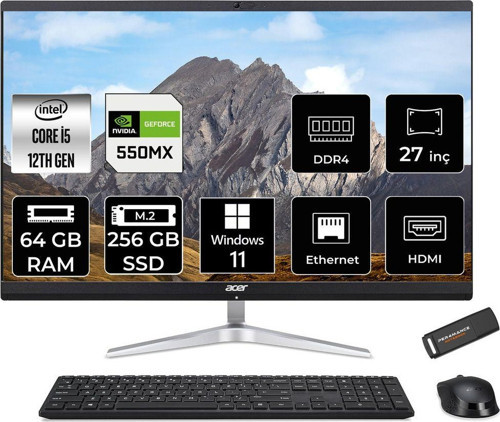 Aspire C27-1751 İ5 1240P 64Gb 256Gb Ssd Geforce Mx550/2Gb 27" Fhd W11P All In One Pc Siyah & Pe