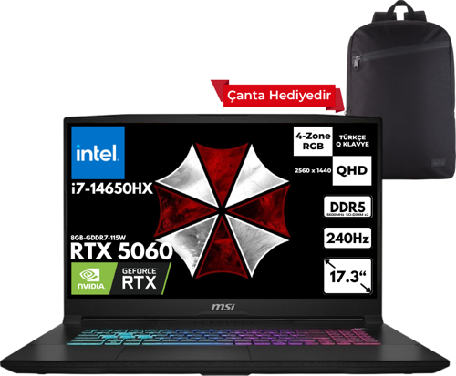 KATANA 17 HX i7-14650HX 40-GBDDR5 4 TBSSD RTX5060 (8GB-GDDR7-115W) 17.3" QHD 240Hz Windows 11 Pro + Sırt Çantası B14WFK-215XTRHMF30