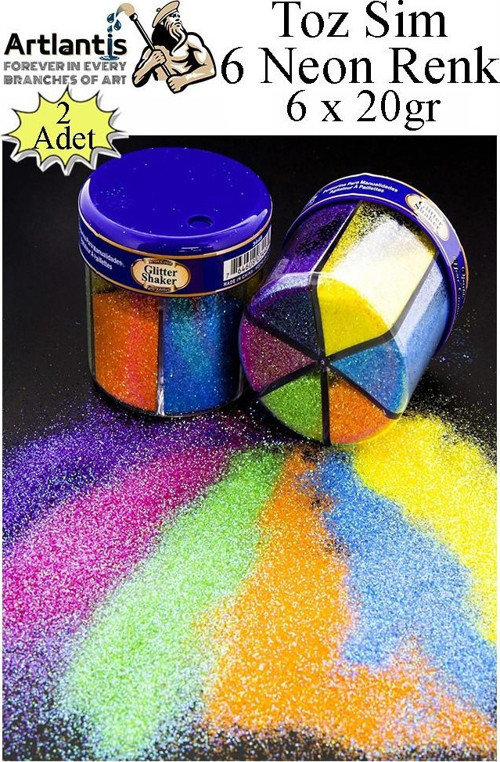 Neon Fosforlu Toz Sim 6 Renk 120 gr 2 Adet Tuzluklu Karışık 6 lı Renkli Canlı Neon Toz Sim Büyük Epoksi Reçine