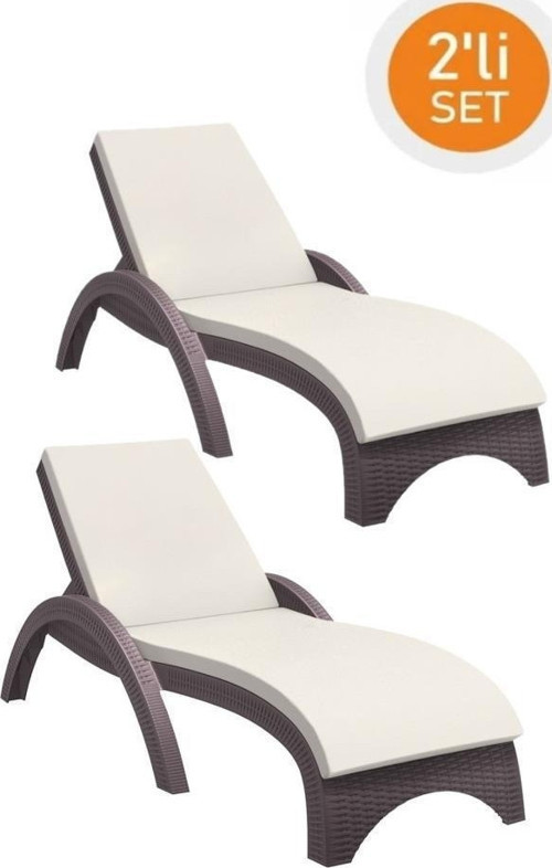TRK-860 Siesta Fiji Bej Minderli Rattan Desenli Ayarlanabilir Lüks Şezlong Kahverengi 2'li Set