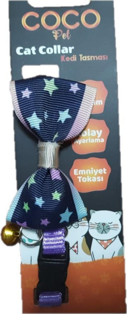 Cocopet Papyon Lacivert Yıldız Desenli Ayarlanabilir Kedi ve Minik Köpek Tasması