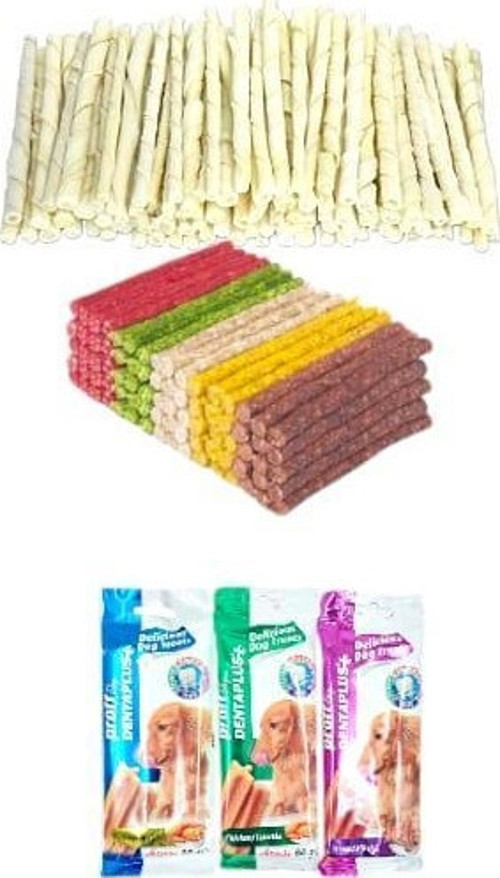 100'Lü Renkli Munchy Ödül Ve Çiğneme Kemiği +Denta Prof Diş Sağlığı Destekleyici ödül Çubuğu 3 Paket+100'Lü Sütlü Burgu