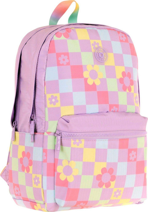 Nature Kız Çocuk Üç Bölmeli Mor Pembe Papatya ve Kare Desenli Okul Sırt Çantası - K1786