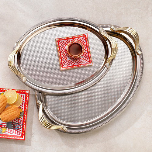Ela 2 li Oval Çay Tepsisi-Platin01