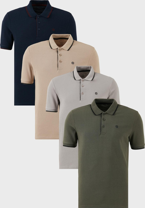 Pamuklu Slim Fit Şerit Detaylı Düğmeli Polo Yaka 4'lü Paket Erkek T Shirt 5902118S4 HAKİ-LACİVERTBORDO-TAŞ-VİZON