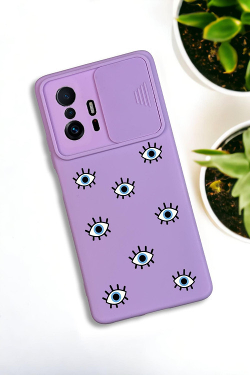 Xiaomi 11T Uyumlu Nazar Gözler Desenli Kamera Koruma Slider Kapaklı Silikonlu Telefon Kılıfı