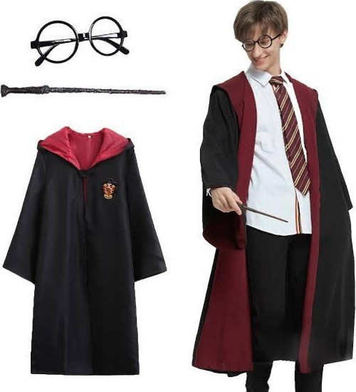 Harry Potter Gryffindor Kapişonlu Çocuk Kostüm + Asa + Gözlük Seti 7-8 Yaş