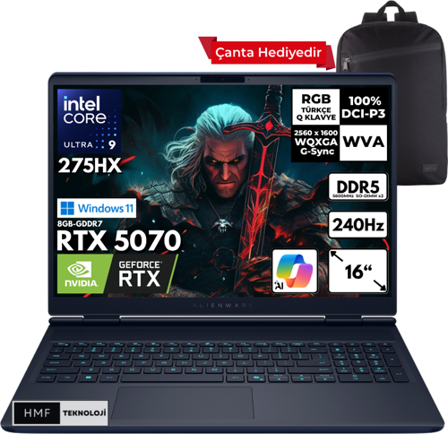 Alienware 16X Aurora Ultra 9-275HX 32-GBDDR5 1 TBSSD RTX5070 (8GB-GDDR7) 16" 2K WQXGA 240Hz Windows 11 Home + HMF Sırt Çantası AC16251-CU932157WHMF1