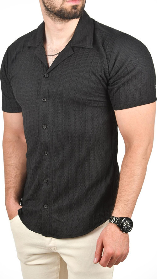 Erkek Siyah Slim Fit Pamuklu Apaş Yaka Kısa Kol Penye Gömlek Dokulu Jakar Kumaş Dar Kesim Spor Gömlek 2501216