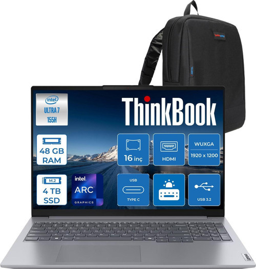 Thinkbook 16 G7 Iml Intel Ultra 7 155H 48GB Ddr5 4tb SSD Intel® Aı Boost 16" Wuxga 300NITS IPS Freedos Taşınabilir Bilgisayar 21MS008RTRF25 + Zetta Çanta