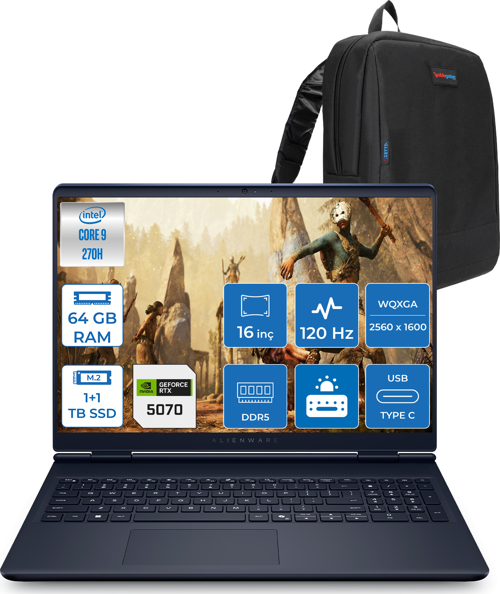 Alienware 16 Aurora Intel Core I9-270H Aı 64GB GB 1tb Ssd+1tbssd 8GB/RTX5070 Gddr7 115W 16" 2.5k 2560 x 1600 Wqxga 120Hz Freedos Gaming Laptop WAC16250-C932157F28+ZETTAÇANTA