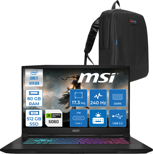Katana 17 Hx B14WFK-215XTR 14. Nesil Intel I7-14650HX 80GB Ddr5 512GB SSD 8GB/RTX5060 115W 17.3" Qhd (2560*1440), 240Hz IPS Freedos Taşınabilir Bilgisayar. W215XTRF22+ZETTAÇANTA