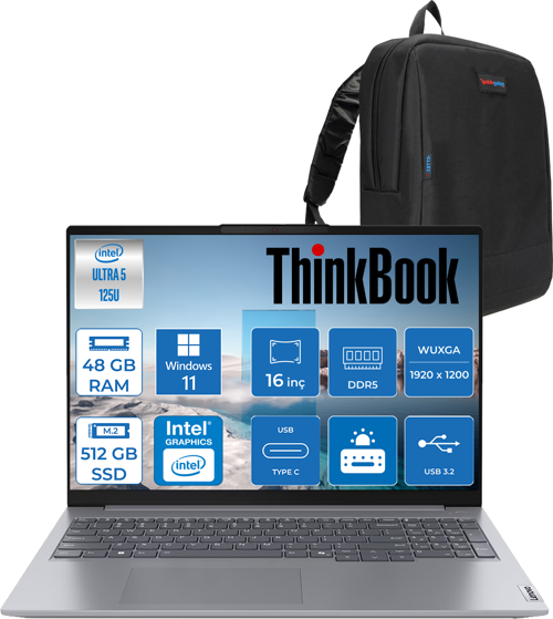 Thinkbook 16 G7 Iml Intel Ultra 5 125U 48GB Ddr5 512GB SSD Intel® Aı Boost 16" Wuxga 300NITS IPS Windows 11 Pro Taşınabilir Bilgisayar 21MS005KTRP22 + Zetta Çanta