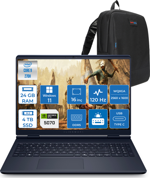 Alienware 16 Aurora Intel Core I9-270H Aı 24GB GB 4tb SSD 8GB/RTX5070 Gddr7 115W 16" 2.5k 2560 x 1600 Wqxga 120Hz Windows 11 Home Taşınabilir Bilgisayar WAC16250-C932157H07+ZETTAÇANTA