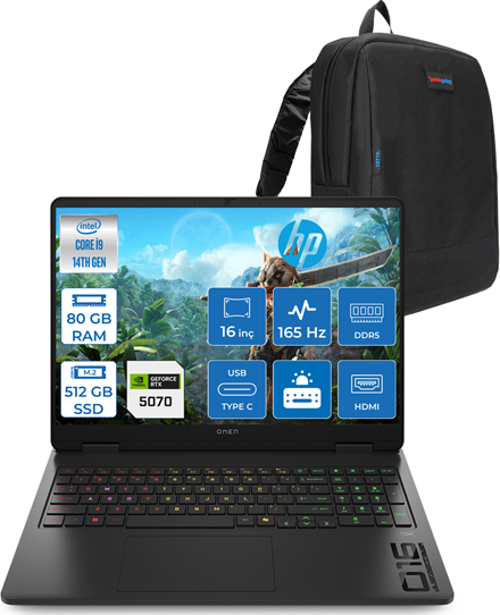 Omen Intel Core I9 14900HX 80GB Ddr5 512GB SSD 8GB/RTX5070 16" Wuxga 165Hz 400NIT SRGB Freedos Taşınabilir Bilgisayar 16AM0001NTF21 + Zettaçanta
