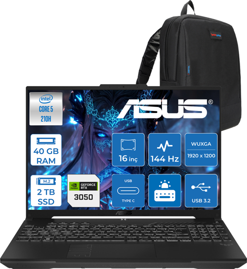 Tuf Gaming F16 FX607VJ Intel Core I5-210H 40GB 2tb SSD RTX3050 6gb 16 Inç Wuxga 144Hz IPS Freedos Gaming Notebook RL033F24 + Zetta Çanta