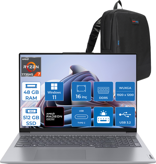 Thinkbook 16 G7 Arp Amd Ryzen 7 7735HS 48GB Ddr5 512GB SSD Radeon 680M Graphics 16" Wuxga 300NITS IPS Windows 11 Home Taşınabilir Bilgisayar 21MW002CTRH22 + Zetta Çanta
