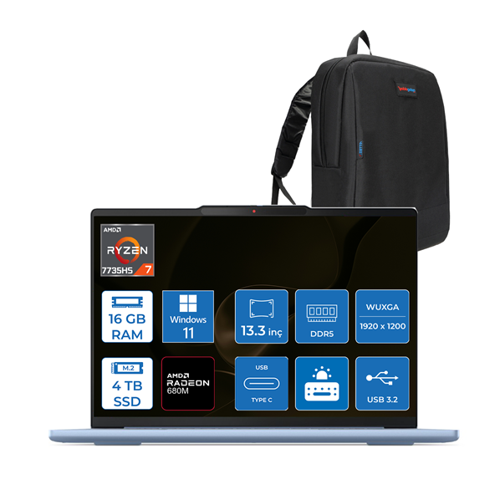 Ideapad Slim 5 Amd Ryzen 7 7735HS 16GB LPDDR5X 4tb SSD Amd Radeon 680M Graphics WIN11PRO 13.3" Wuxga IPS 400NITS Taşınabilir Bilgisayar MD83J2003QTRTP04 + Zettaçanta