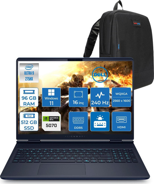 Alienware 16X Aurora Intel Core Ultra 9 275HX 96GB Ddr5 512GB SSD Windows 11 Home 8gb RTX5070 16 Inç 2K(2560×1600) Wqxga 240Hz 3ms Wva Taşınabilir Bilgisayar AC16251CU932157WH51 + Zetta Çanta