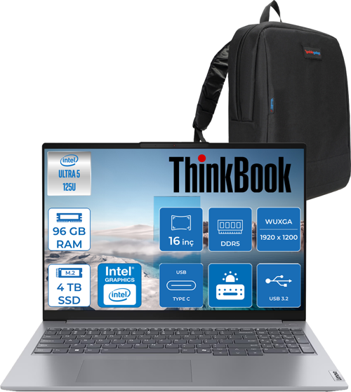 Thinkbook 16 G7 Iml Intel Ultra 5 125U 96GB Ddr5 4tb SSD Intel® Aı Boost 16" Wuxga 300NITS IPS Freedos Taşınabilir Bilgisayar 21MS005KTRF40 + Zetta Çanta