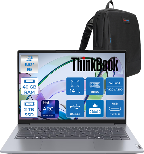 Thinkbook 14 G7 Iml Intel Ultra 7 155H 40GB Ddr5 2tb SSD Intel® Aı Boost 14" Wuxga 300NITS IPS Freedos Taşınabilir Bilgisayar 21MR0050TRF19 + Zetta Çanta