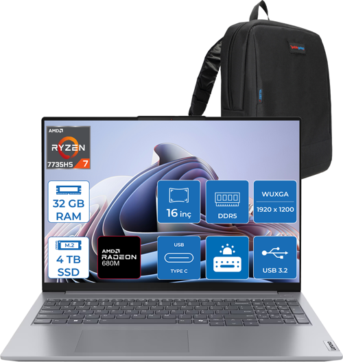 Thinkbook 16 G7 Arp Amd Ryzen 7 7735HS 32GB Ddr5 4tb SSD Radeon 680M Graphics 16" Wuxga 300NITS IPS Freedos Taşınabilir Bilgisayar 21MW002CTRF15 + Zetta Çanta