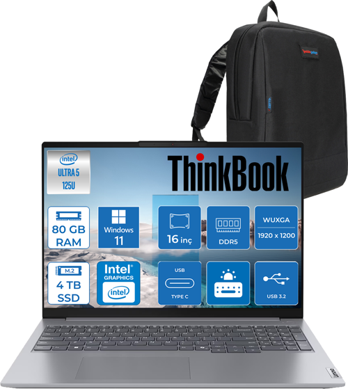 Thinkbook 16 G7 Iml Intel Ultra 5 125U 80GB 4tb SSD Intel® Aı Boost 16" Wuxga 300NITS IPS Windows 11 Pro Taşınabilir Bilgisayar 21MS005KTRP35 + Zetta Çanta