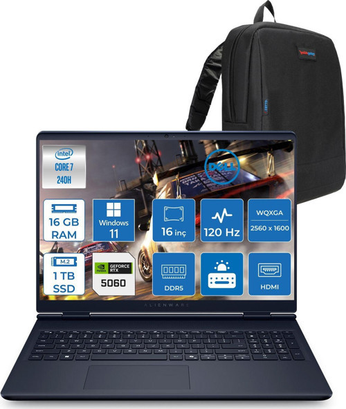 Alienware 16 Aurora Intel Core 7 240H 16GB Ddr5 1tb SSD Windows 11 Home 8gb RTX5060 16 Inç 2K(2560×1600) Wqxga 120Hz Wva Gaming Laptop AC16250C716156WH03 + Zetta Çanta