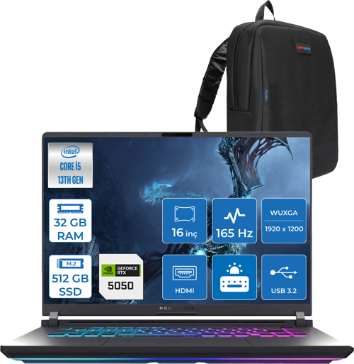 Rog Strix G16 G615JH-RV053 Intel Core I5-13450HX 32GB 512GB SSD 8GB/RTX5050 Gddr7 115W 16" Wuxga 165Hz 3ms IPS Freedos Gaming Laptop WRX053F09+ZETTAÇANTA