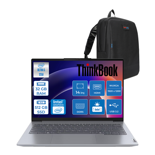 Thinkbook 14 G7 Intel Ultra 5 125U 32GB Ddr5 512GB SSD Intel Graphics 14" Wuxga IPS 300NITS Windows 11 Home Taşınabilir Bilgisayar 21MR0095TRH09 + Zettaçanta