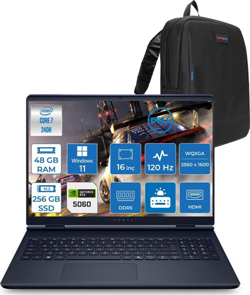 Alienware 16 Aurora Intel Core 7 240H 48GB Ddr5 256GB SSD Windows 11 Home 8gb RTX5060 16 Inç 2K(2560×1600) Wqxga 120Hz Wva Gaming Laptop AC16250C716156WH29 + Zetta Çanta