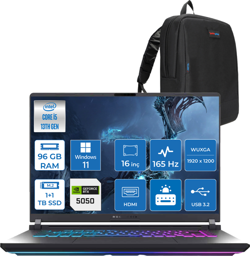 Rog Strix G16 G615JH-RV053 Intel Core I5-13450HX 96GB 1tb Ssd+1tbssd 8GB/RTX5050 Gddr7 115W 16" Wuxga 165Hz 3ms IPS WINDOWS11PRO Gaming Laptop WRX053P44+ZETTAÇANTA