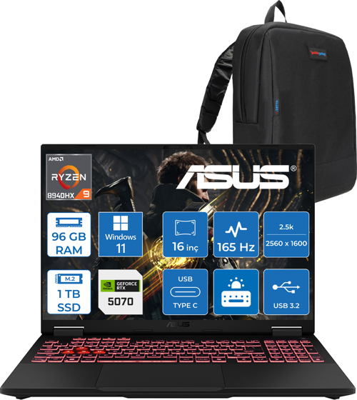 Tuf Gaming A16 FA608PP Amd Ryzen 9 8940HX Aı 96GB Ddr5 1tb SSD 8GB/RTX5070 115W 165Hz 16"wqxga 2.5k 400NITS IPS Windows 11 Pro Gaming Bilg. WQT060P28+ZETTAÇANTA