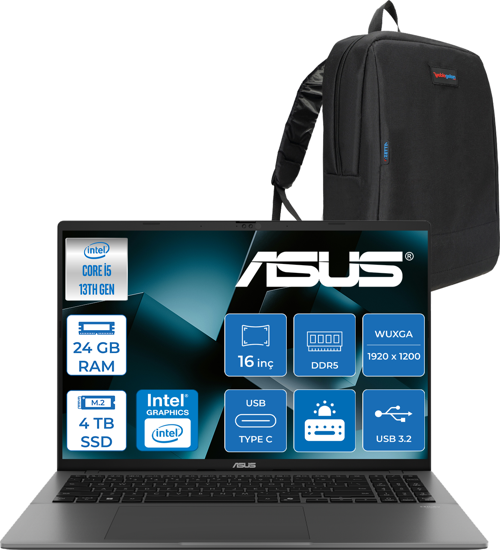 Vivobook S16 S3607VA Intel Core I5 13420H Ddr5 24GB 4tb SSD Freedos 16" 300NITS Wuxga IPS 144HZ Taşınabilir Bilgisayar RP076F08 + Zetta Çanta