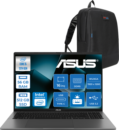 Vivobook S16 S3607VA Intel Core I5 13420H Ddr5 56GB 512GB SSD Freedos 16" 300NITS Wuxga IPS 144HZ Taşınabilir Bilgisayar RP076F13 + Zetta Çanta