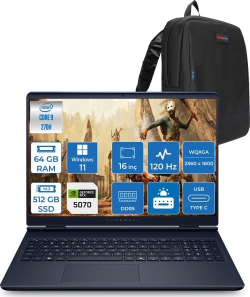Alienware 16 Aurora Intel Core I9-270H Aı 64GB GB 512GB SSD 8GB/RTX5070 Gddr7 115W 16" 2.5k 2560 x 1600 Wqxga 120Hz Windows 11 Home Taşınabilir Bilgisayar WAC16250-C932157H25+ZETTAÇANTA