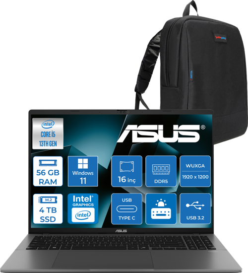 Vivobook S16 S3607VA Intel Core I5 13420H Ddr5 56GB 4tb SSD Windows 11 Pro 16" 300NITS Wuxga IPS 144HZ Taşınabilir Bilgisayar RP076P16 + Zetta Çanta