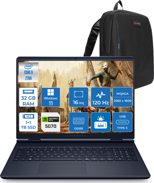 Alienware 16 Aurora Intel Core I9-270H Aı 32GB GB 1tb Ssd+1tb SSD 8GB/RTX5070 Gddr7 115W 16" 2.5k 2560 x 1600 Wqxga 120Hz WIN11HOME Gaming Laptop WAC16250-C932157H12+ZETTAÇANTA